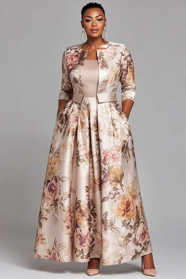 Xpluswear Design Plus Size Formal Champagne Floral 3/4 Sleeve Pocket Elegant Pleated Satin Two Piece Skirt Sets  2024 - Xpluswear