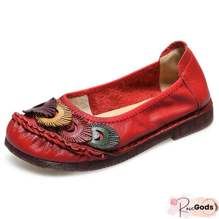 Genuine Leather Women Shoes Casual Flower Single Flat Round Toe Style Boat Shoes Soft Comfortable Women Flats