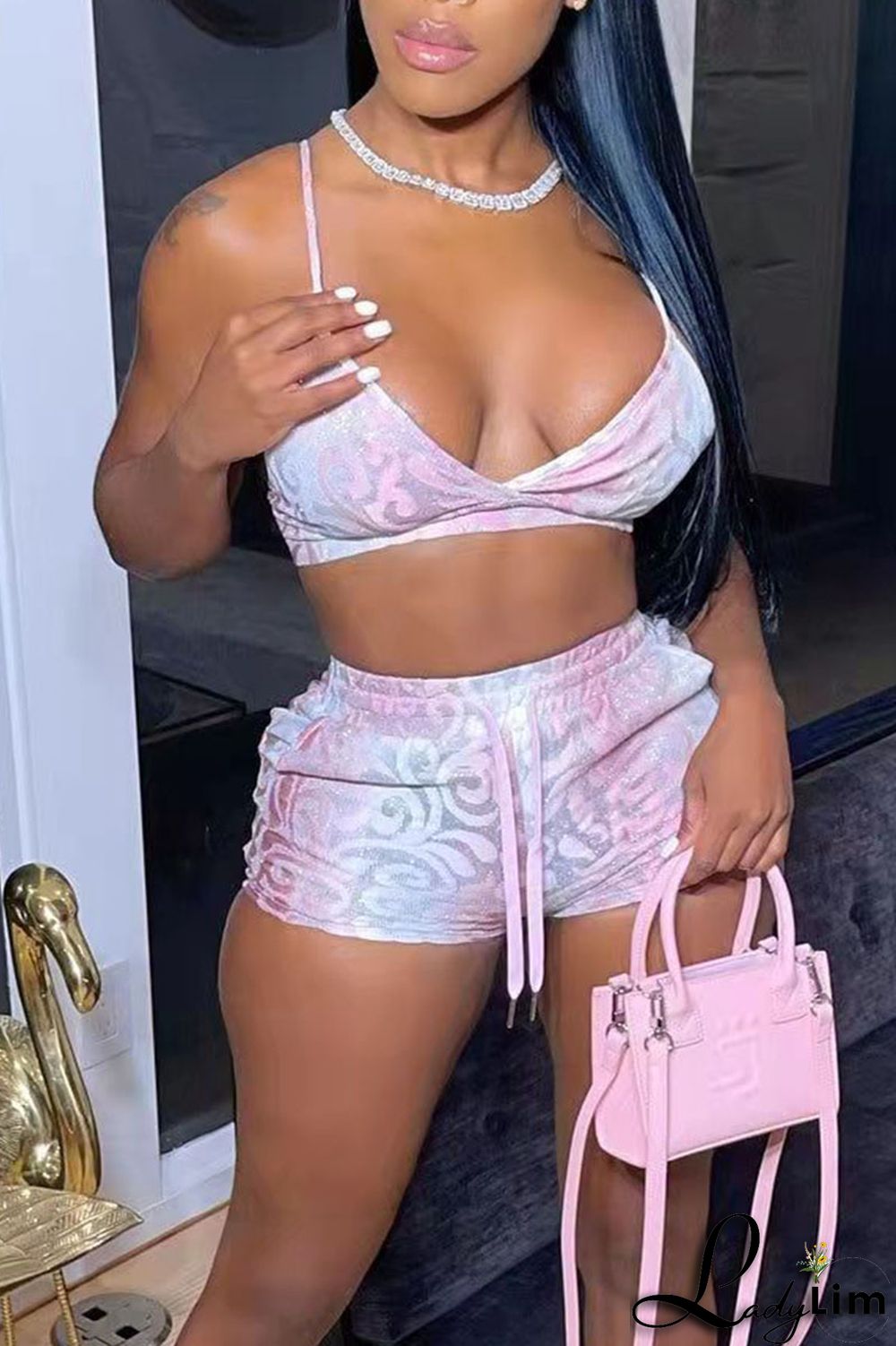 Blue Sexy Print Split Joint Spaghetti Strap Sleeveless Two Pieces