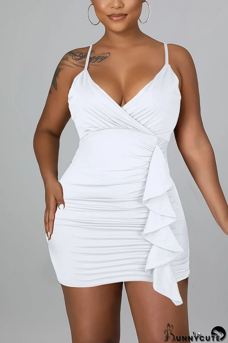 White Sexy Solid Patchwork Flounce Spaghetti Strap Sling Dress Dresses