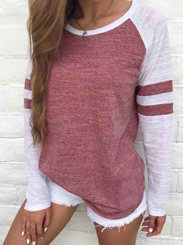 Women's Long Sleeve Scoop Neck Striped Stitching Top