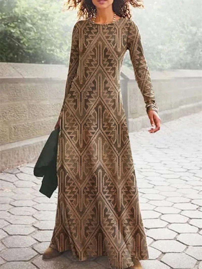 Women Long Sleeve Scoop Neck Graphic Maxi Dress