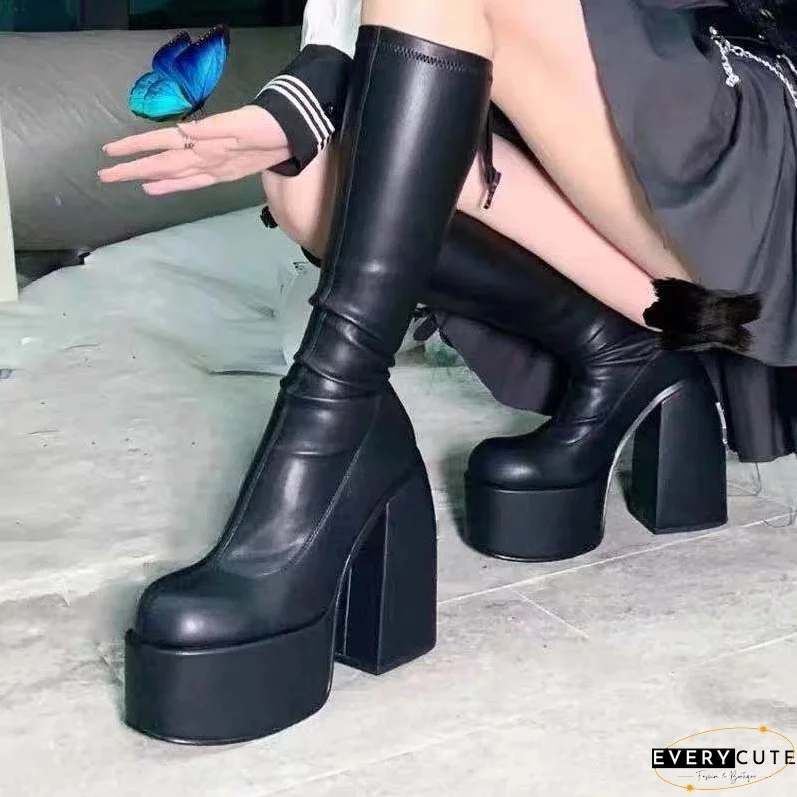 Halloween Black Women Boots High Heels Chunky Platform Black Botas De Mujer Winter Boots Knee High Boot No Zipper Matrin Boot Party Shoes