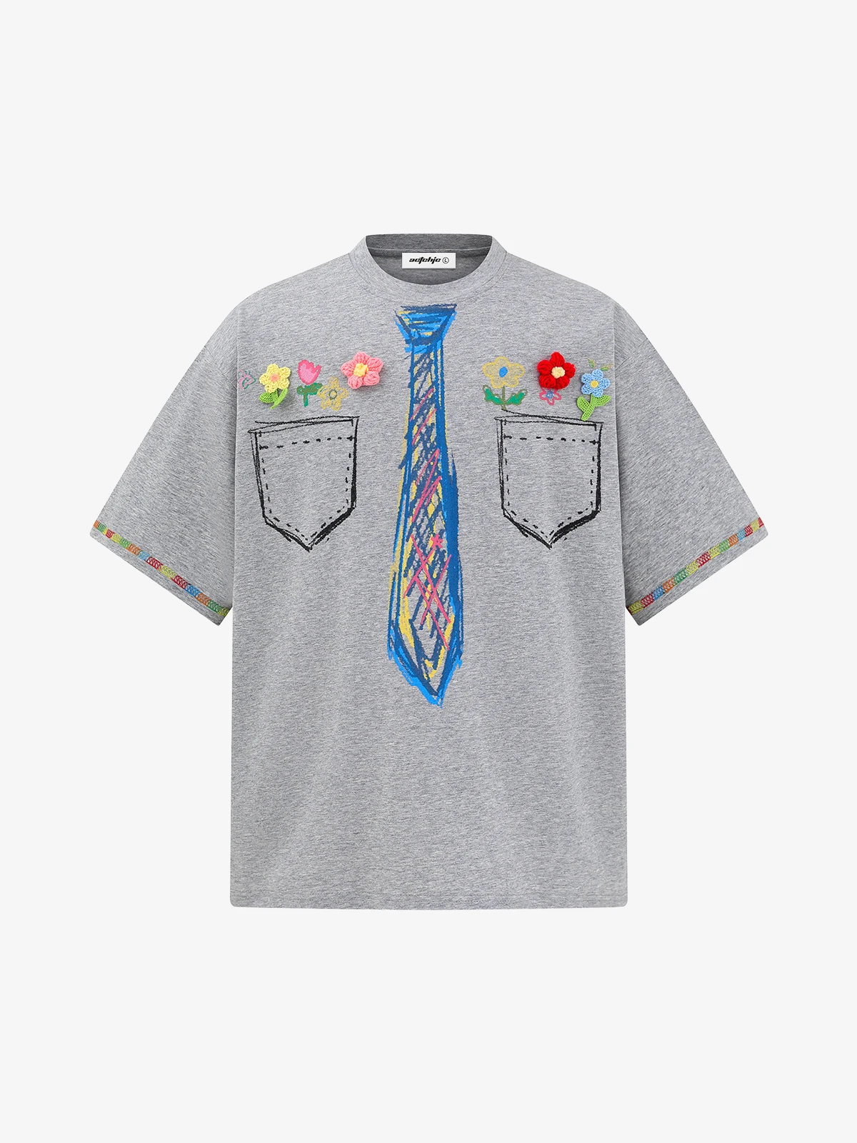 Grey Act Chic 3D Flower Hand Drawn Tie Print Tee Front