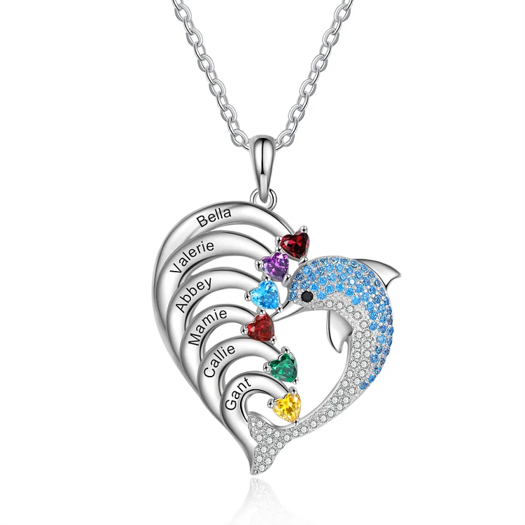 Gravur 6 Namen Delphin Herz Halskette mit 6 Geburtssteinen