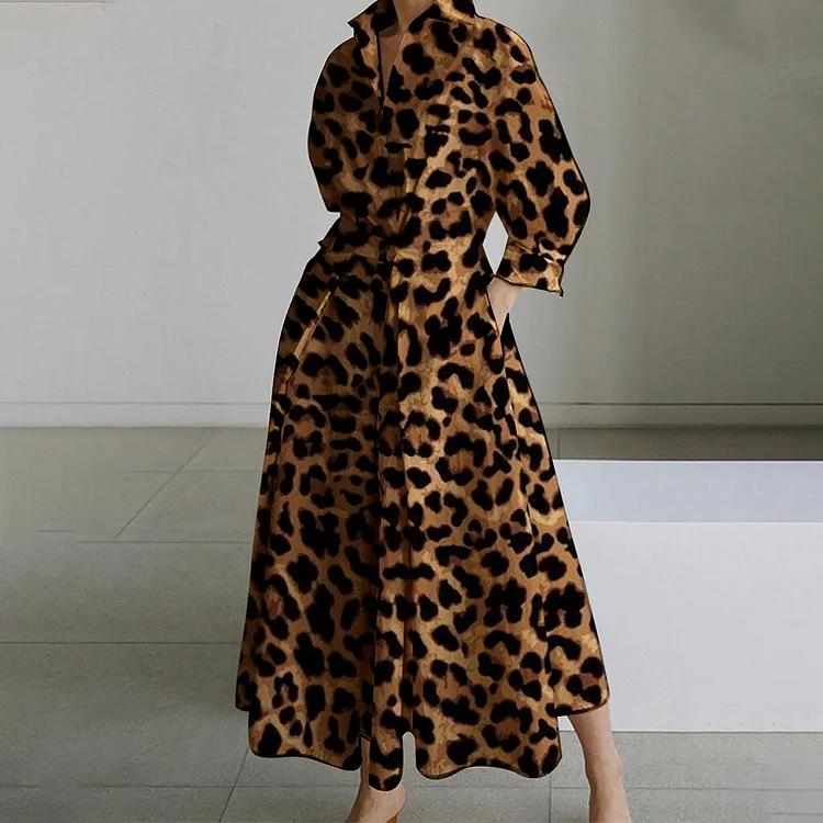 Elegant Leopard Pattern One Button Pocket Long Sleeve Midi Dress