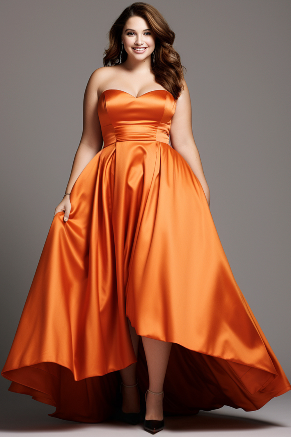 Flycurvy Plus Size Bridesmaid Orange Satin Strapless Tunic High Low Hem Maxi Dress