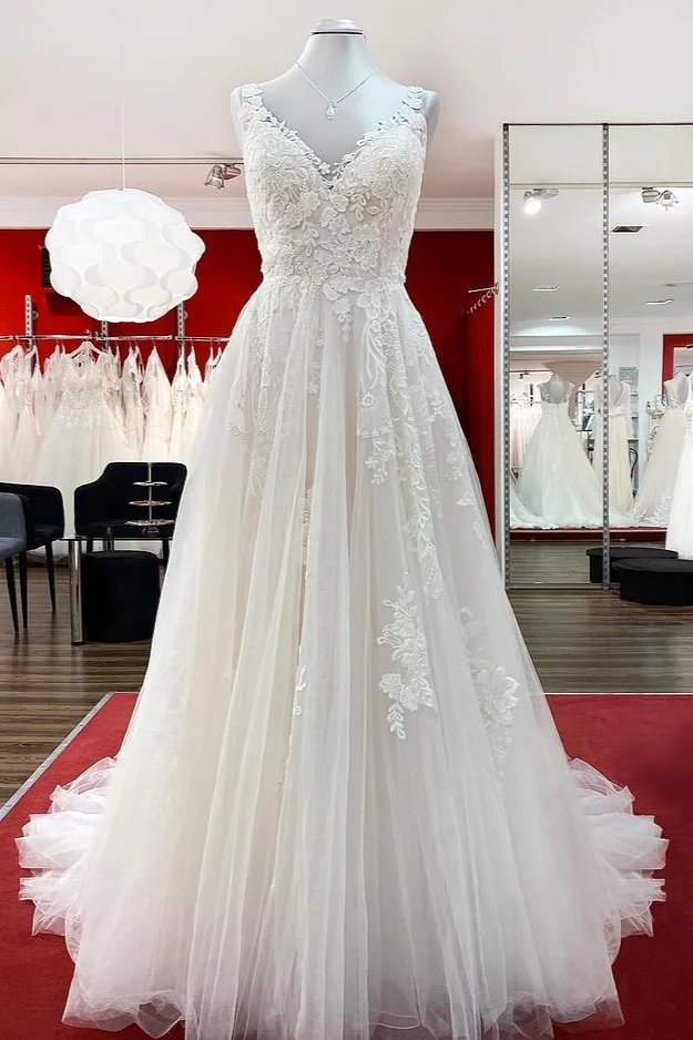 Daisda Graceful Long A-line Tulle V-Neck Open Back Wedding Dresses With Lace  Ruffles