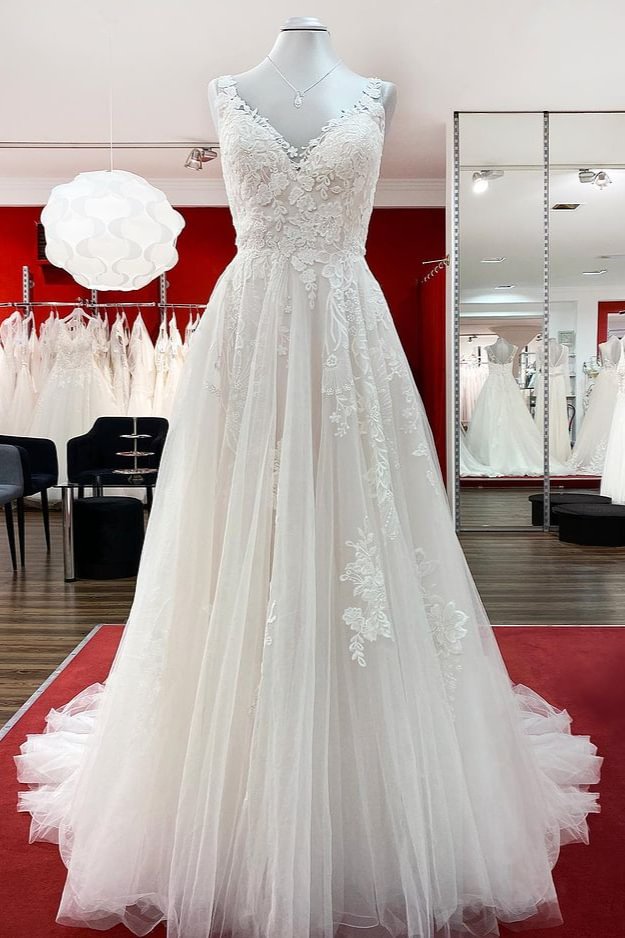 Vintage Tulle V-Neck Open Back Long A-line Wedding Dresses With Lace Ruffles | Ballbellas Ballbellas