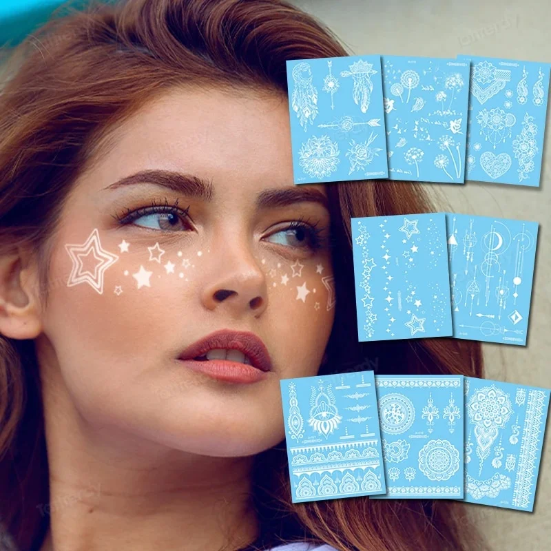 Sdrawing Creative Fake Temporary Tattoo Snowflake Star Moon Flower Butterfly Body Art Beauty Face Tattoo Makeup Sticker for Women