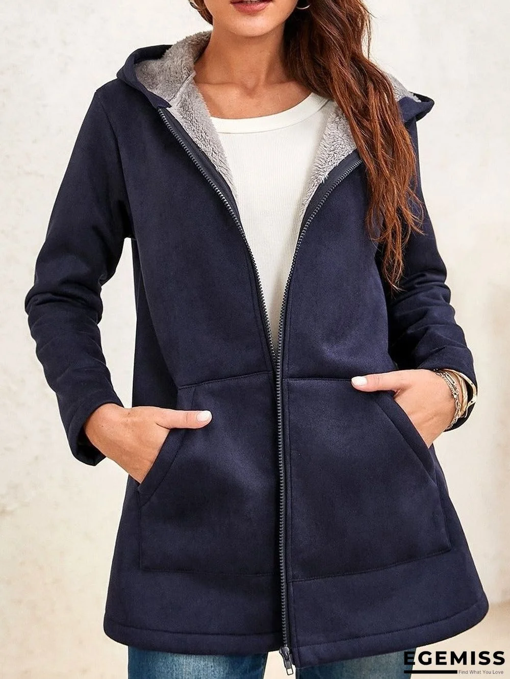 Ladies Two-tone Suede Long-sleeves Hooded Coat | EGEMISS