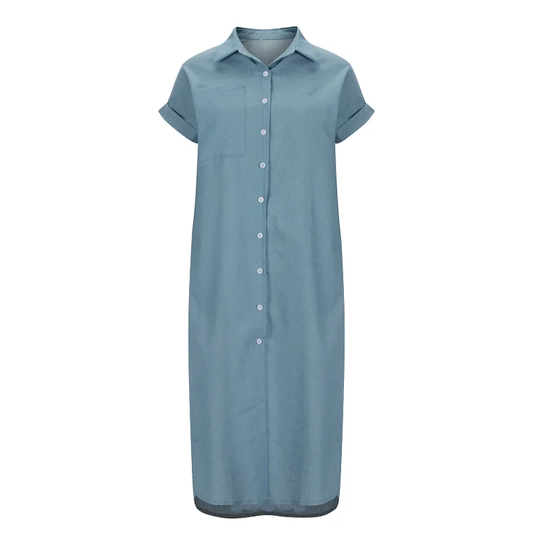 Chambray Shirt Short Sleeves Midi Dress