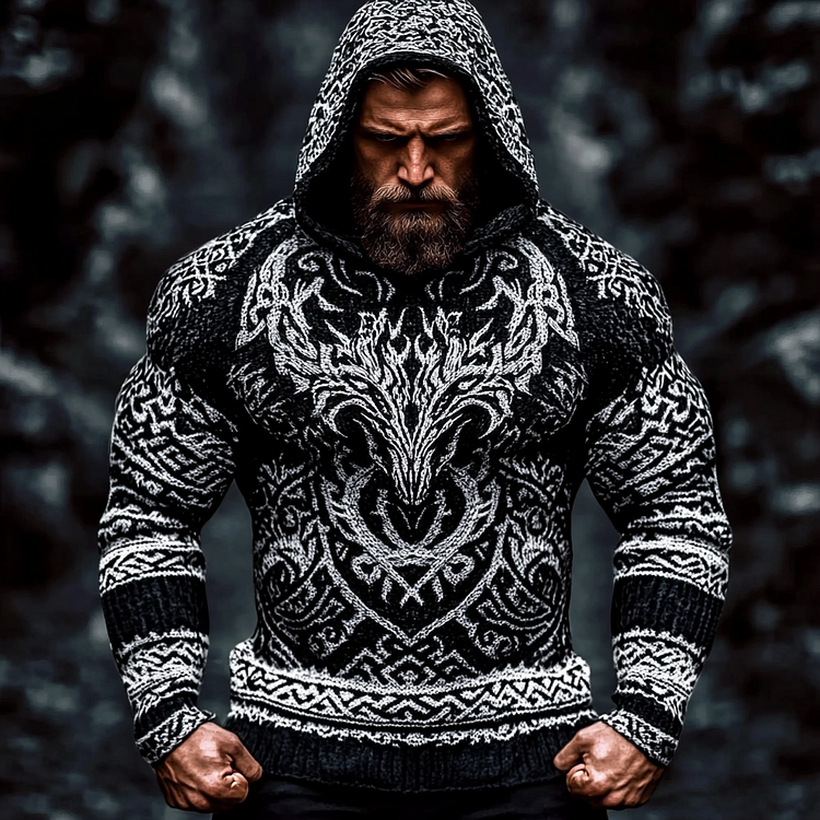 VChics Men's Viking Wolf Inspired Celtic Chunky Hooded Sweater