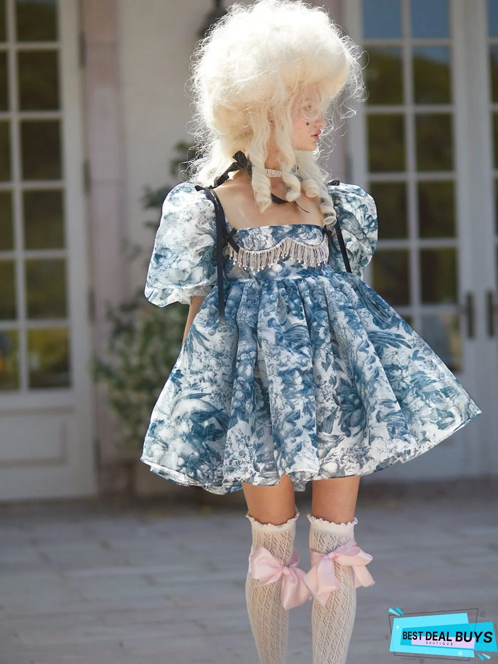 Printed Square Neck Lantern Short Sleeve Women's Dress Backless Fluffy French Princess Dress