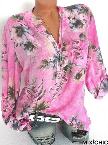Floral 3/4 Sleeve Printed Polyester  V neck Holiday Pink Shirt