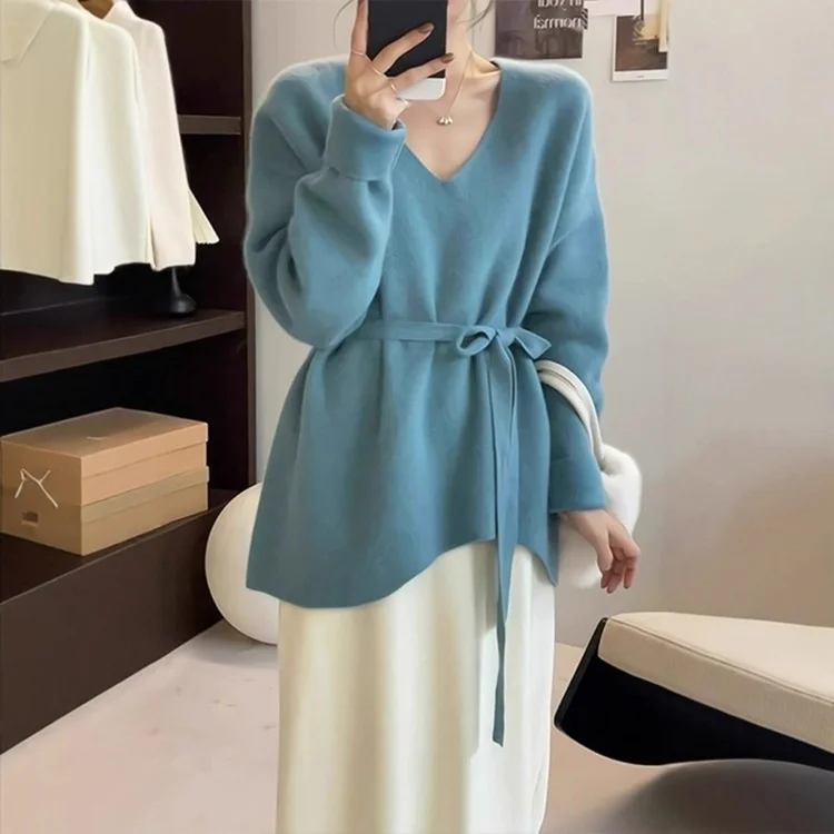 Athvotar Athvotar Goods V-Neck Belt Long Sheep Velvet Women Autumn And Winter Loose Knitted Wool Inside The Bottom Sweater