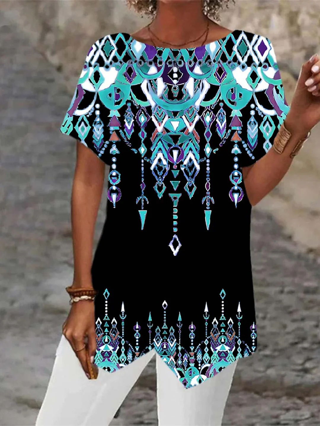 Women Asymmetrical Short Sleeve Scoop Neck Printed Graphic Top