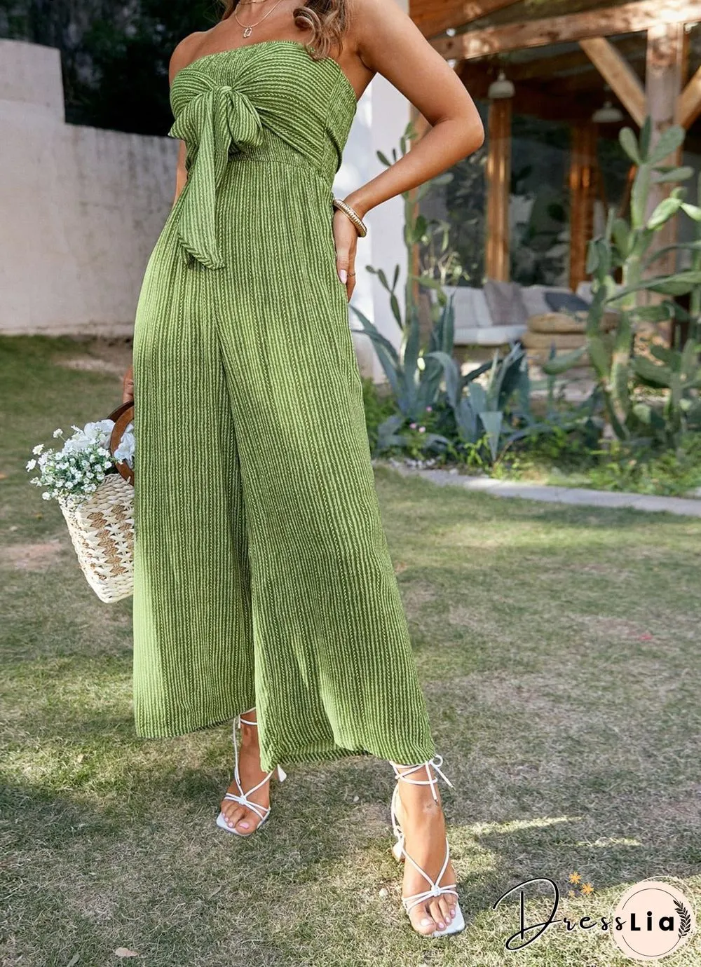 Sexy strapless green tube jumpsuit summer women holiday stripes lace wide leg jumpsuits