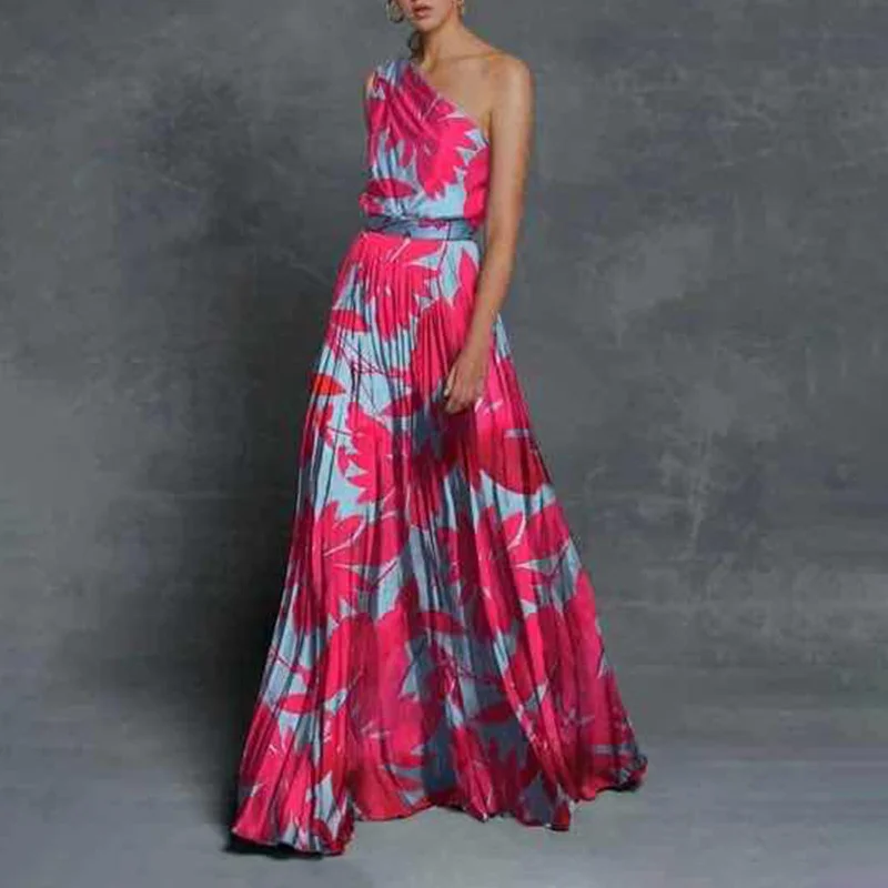 One Shoulder Fashion Print Maxi Dress