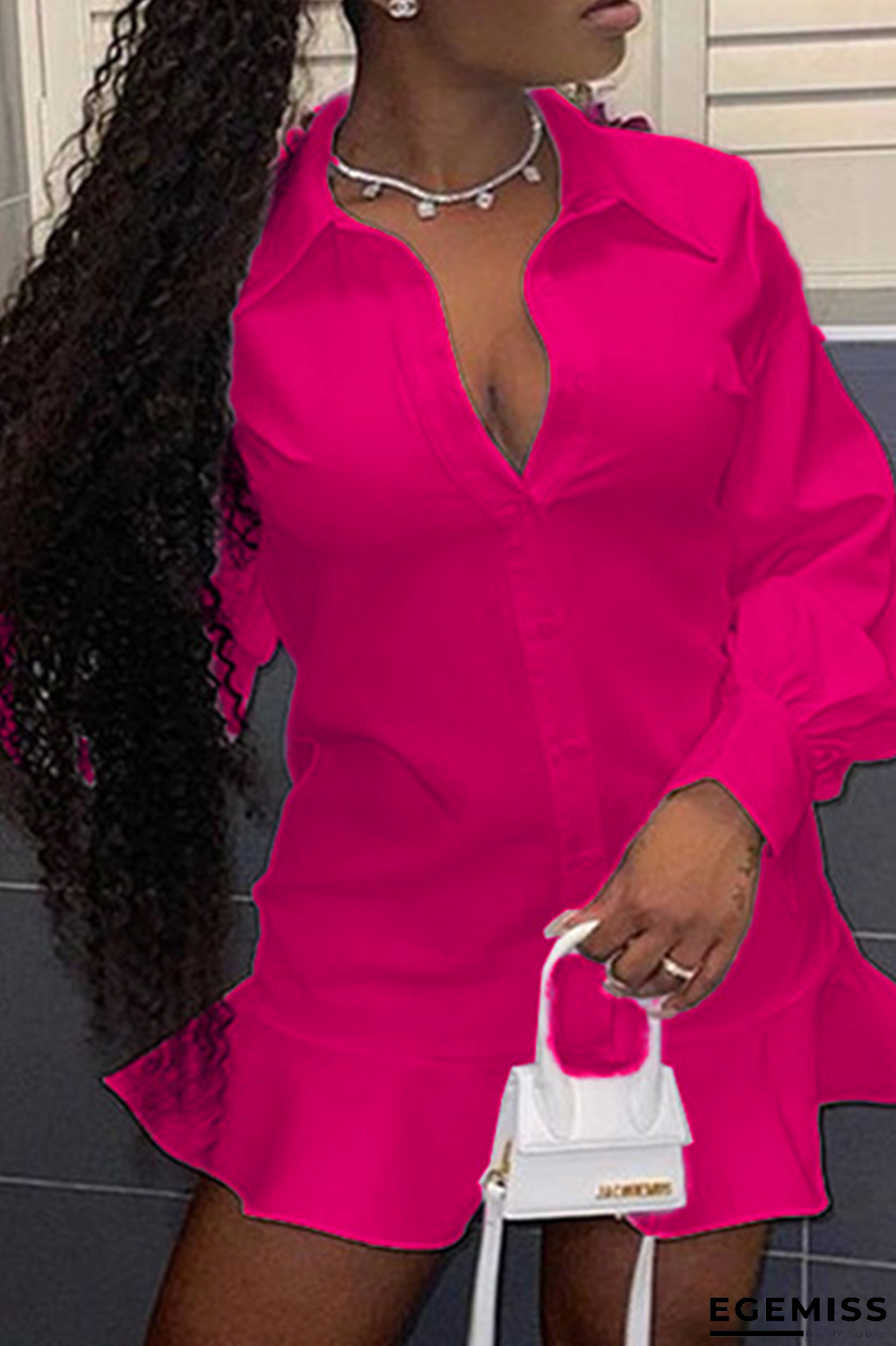 Rose Red Casual Solid Flounce Turndown Collar Shirt Dress Dresses | EGEMISS