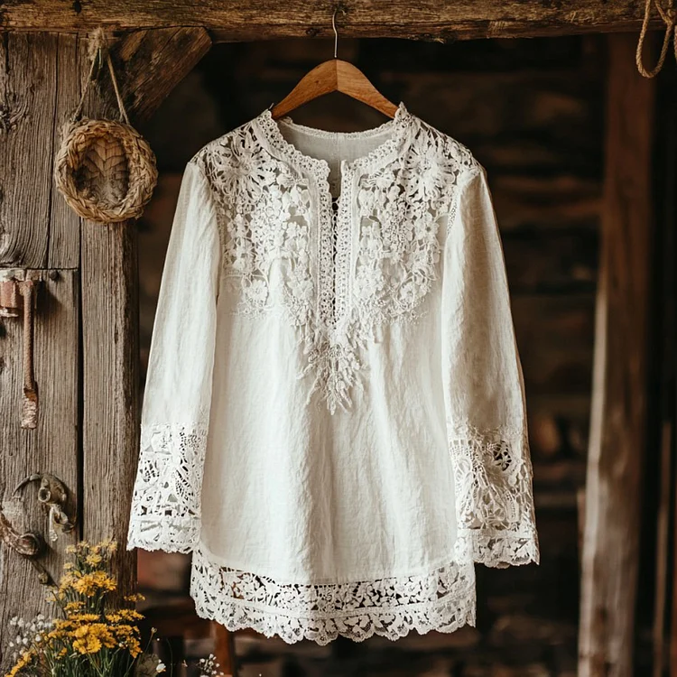 Lunivibe Elegant Lace Embroidery Tassel Art Long Sleeve V-neck Shirt