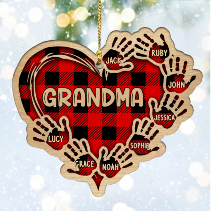 Grandma Mom Heart Hand Print Wood Ornament Custom 8 Names for Family