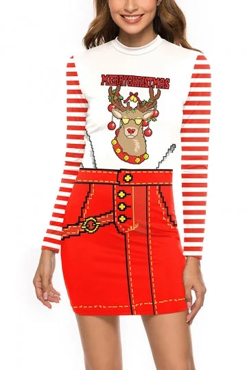 Striped Reindeer Christmas Dress Tangerine-elleschic