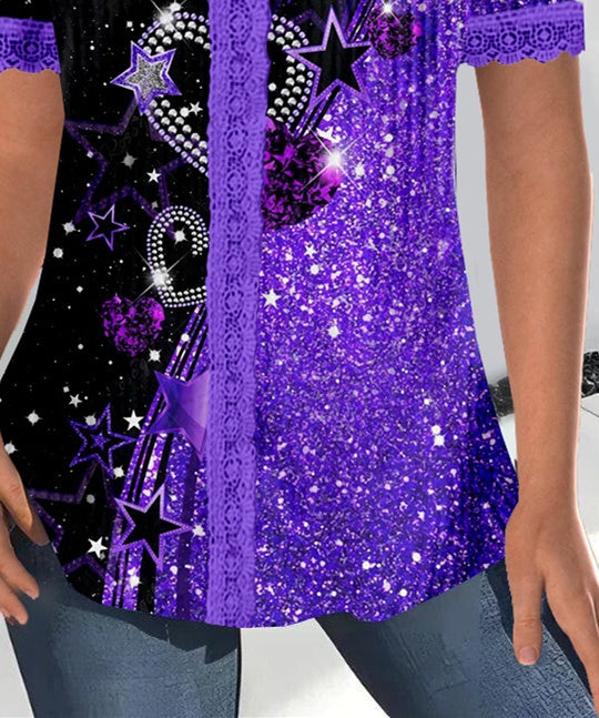 Women Short Sleeve V-neck Love Printed Printed Graphic Lace Tops