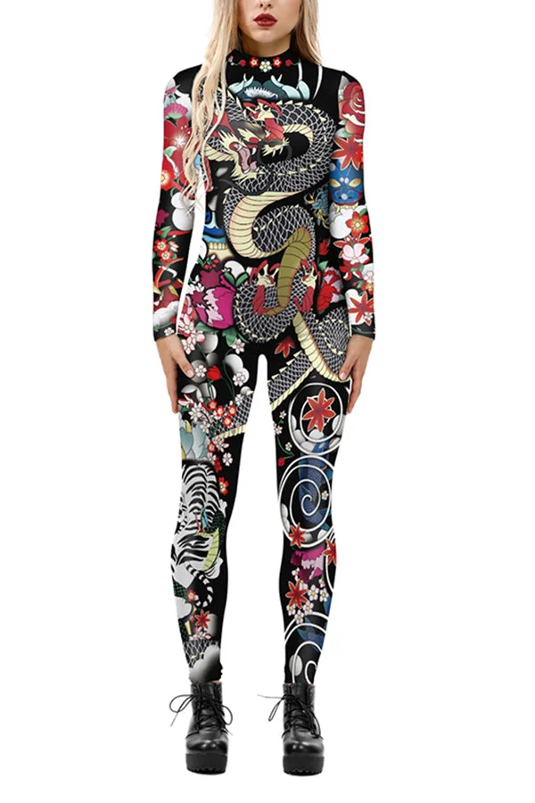 Zip Back Long Sleeve Dragon Print Halloween Jumpsuit Yellow-elleschic