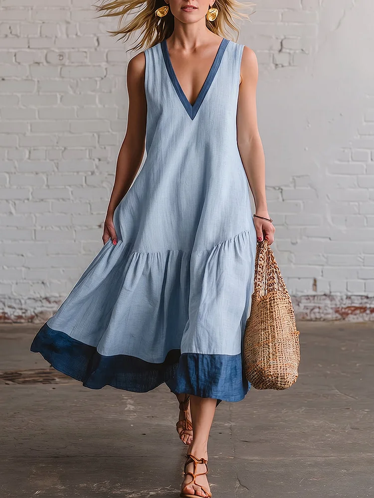 Elegant Color-block V-neck Cotton-linen Dress