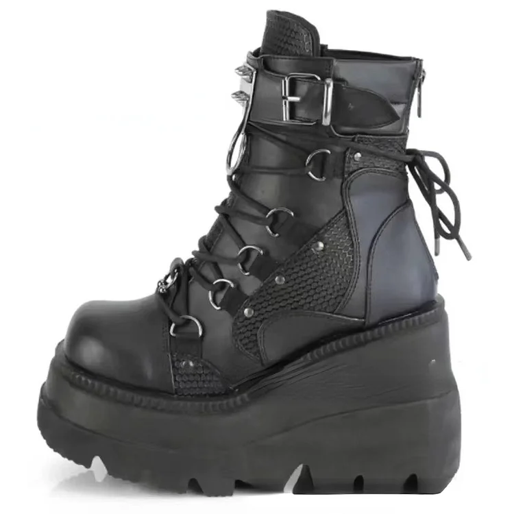 Women‘s Dark Monoblock Wedges Lace Up Platform Boots