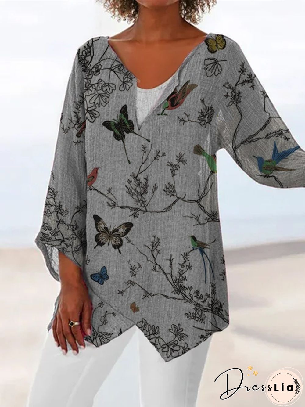 Casual Floral Bird Butterfly V Neck Plus Size Printed Tops