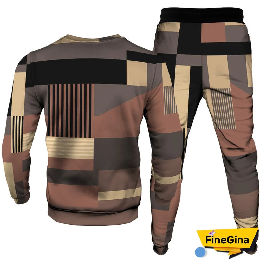 Brown Casual Geometric Patchwork O Neck Long Sleeve Two Pieces