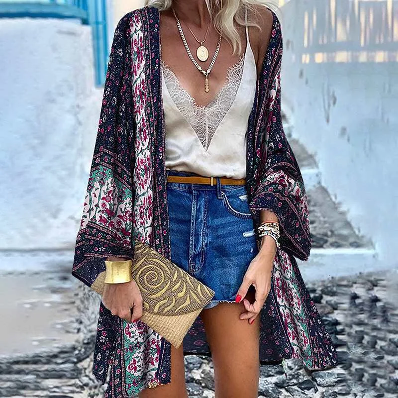 ZANZEA Women Summer Open Front Long Sleeve Blouse Kimono Bohemian Floral Printed Cardigan Vintage Blusas Casual Loose Beach Tops