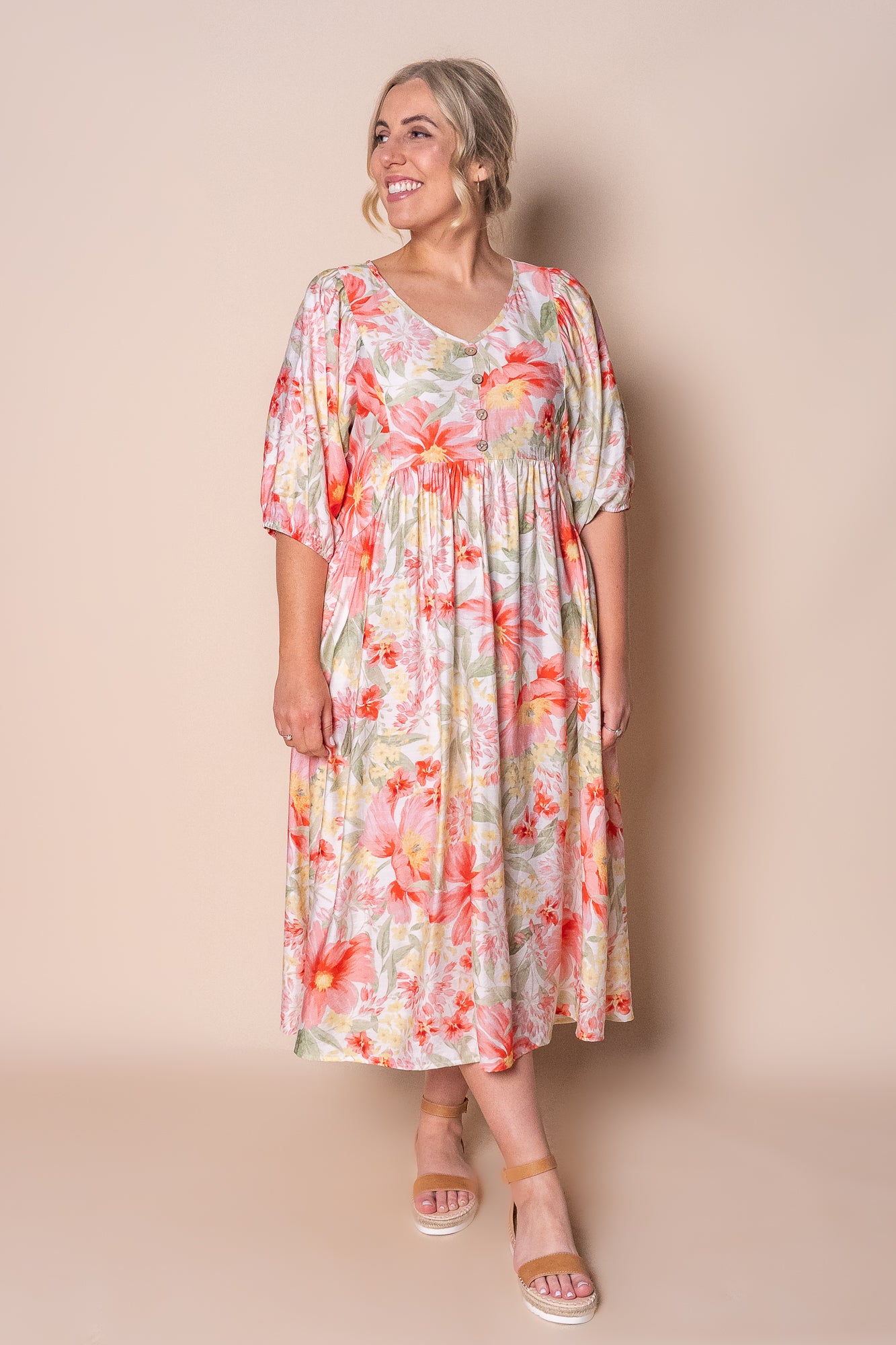 Peaches Midi Dress in Red Multi