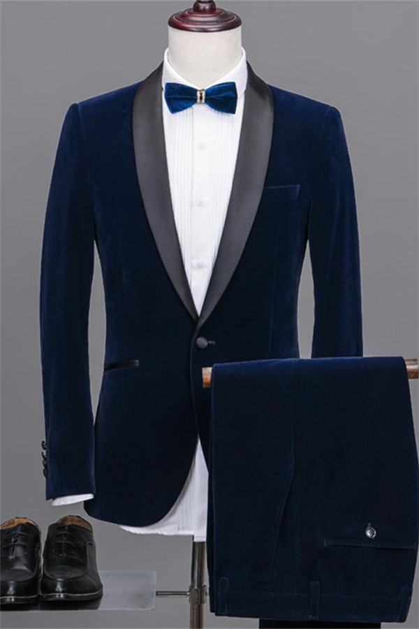 Handsome Shawl Lapel Navy Blue Velvet Prom Best Man Tuxedos 2 Pieces | Ballbellas Ballbellas
