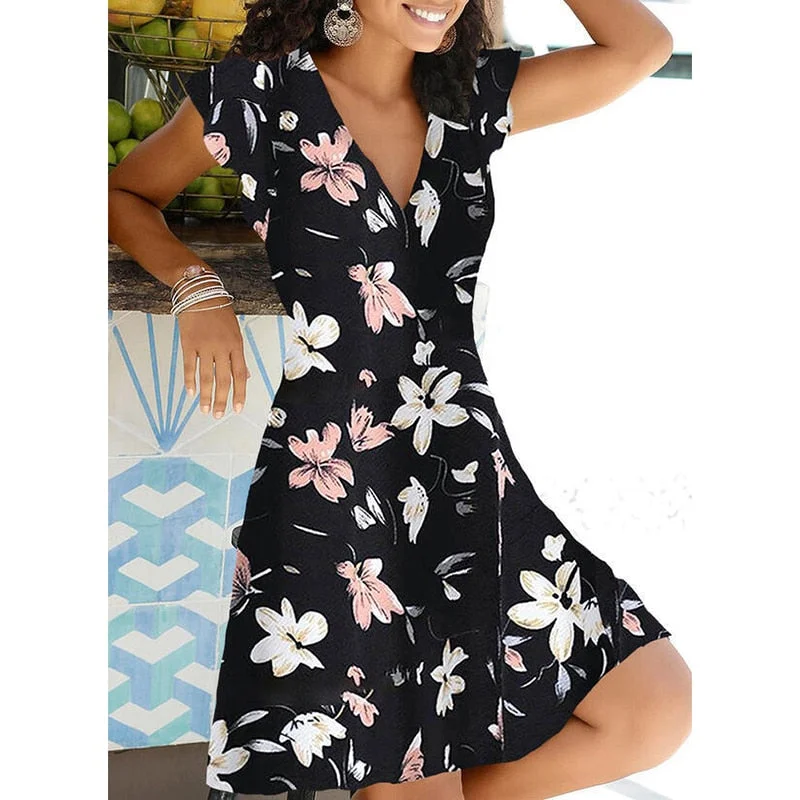 New Summer V Neck Floral Print Party Dress Women Vintage Sleeveless Tank Mini Dress Spring Loose Plus Size A-Line Dress 2021