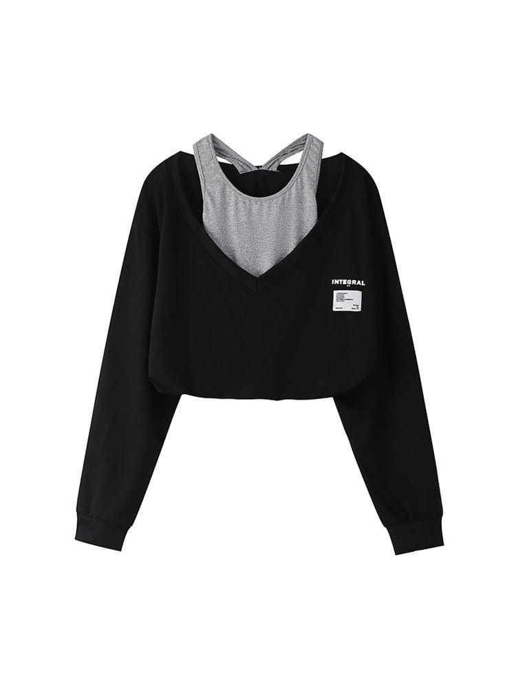 Korean Fashion Women Fake Two Pieces Strapless Crop Top Preppy Style Blouse Harajuku Hoodie Loose Casual Pullovers Streetwear
