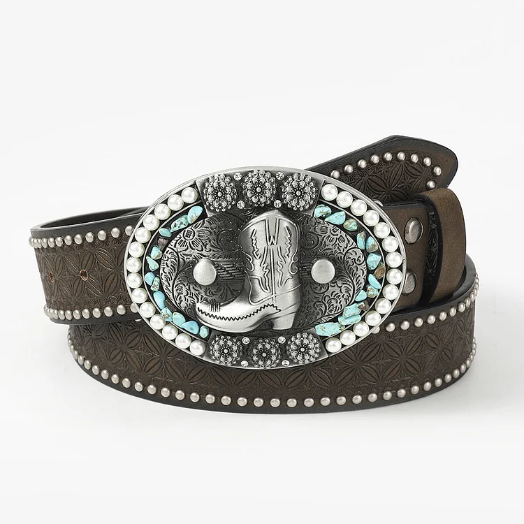 Western PU Leather Beaded Embossed Studded Wide Belt