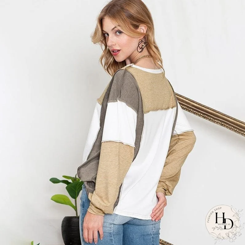 Fashionable Round Neck Lantern Sleeve Pullover In Khaki