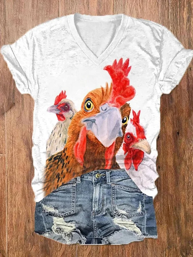 Women's Funny Chicken Print Casual V-Neck Tee