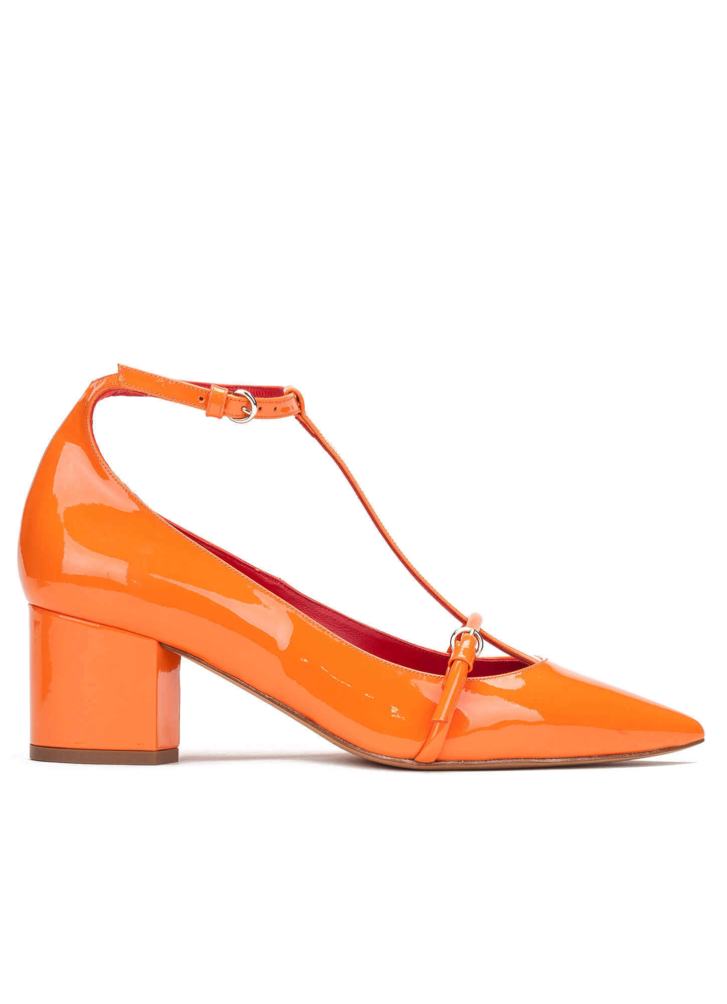 GOOSHOE Orange Chunky Pointed Toe T-Strap Pumps