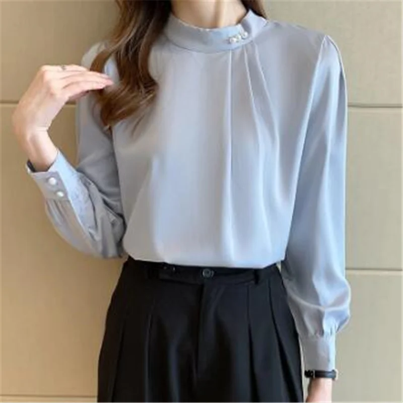 Silky Satin Beaded Women's Blouses Shirts Elegant Pullover Chiffon Long-sleeved Shirt Stand-up Collar Ladies Tops Female Blouse