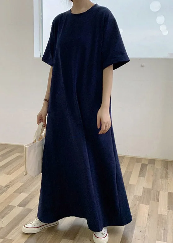 Classy Blue Solid Cotton Long Dresses Summer