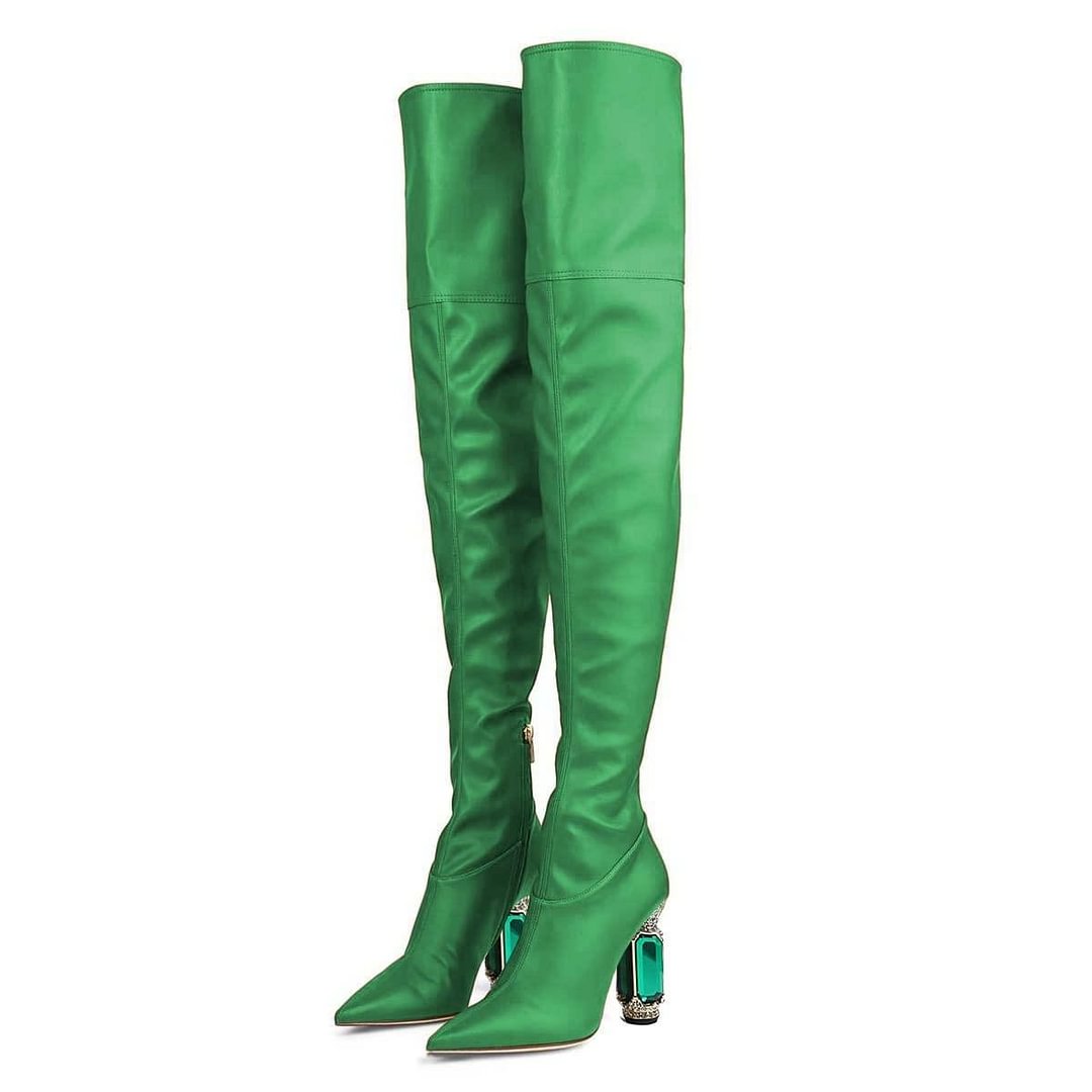 Full Green Satin Pointed Toe Boots Decorative Heel Skinny Thigh High Boots Nicepairs