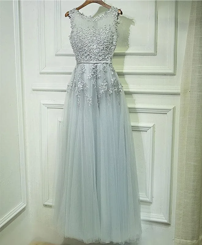 Gray Lace Tulle Long A Line Prom Dress, Gray Evening Dress