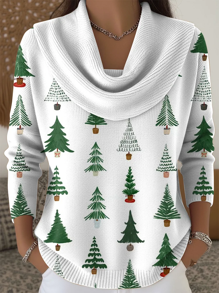 Women's Christmas Trees Pattern Print Cowl Neck Sweater