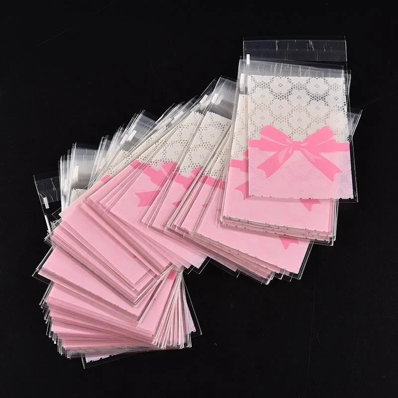 50PCS 7x10cm Flower Lace Bow Cookie&Candy Bag Self-Adhesive Plastic Bags For Biscuits Snack Baking Package Supplies