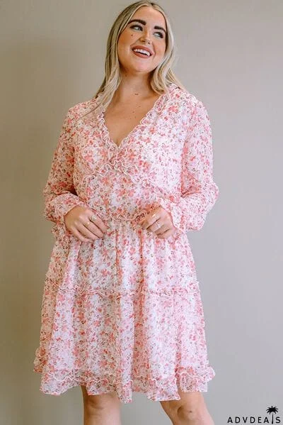 Plus Size Floral V-Neck Frill Long Sleeve Dress