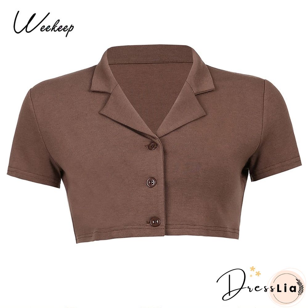 Weekeep Brown Summer Short Sleeve Cardigan Vintage Turn-down Collar Buttons Crop Top Women's Loose Streetwear Tee Shirt Harajuku